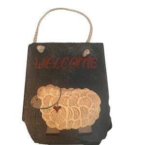 Vintage 1994 Hand Painted Welcome Lamb Sheep on Slate Signed C. Taylor Rustic